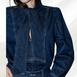 Zara Z1975 Dark Denim Tie Neck Blouse Medium EUR M USA M MEX 28 Turkey NWOT
